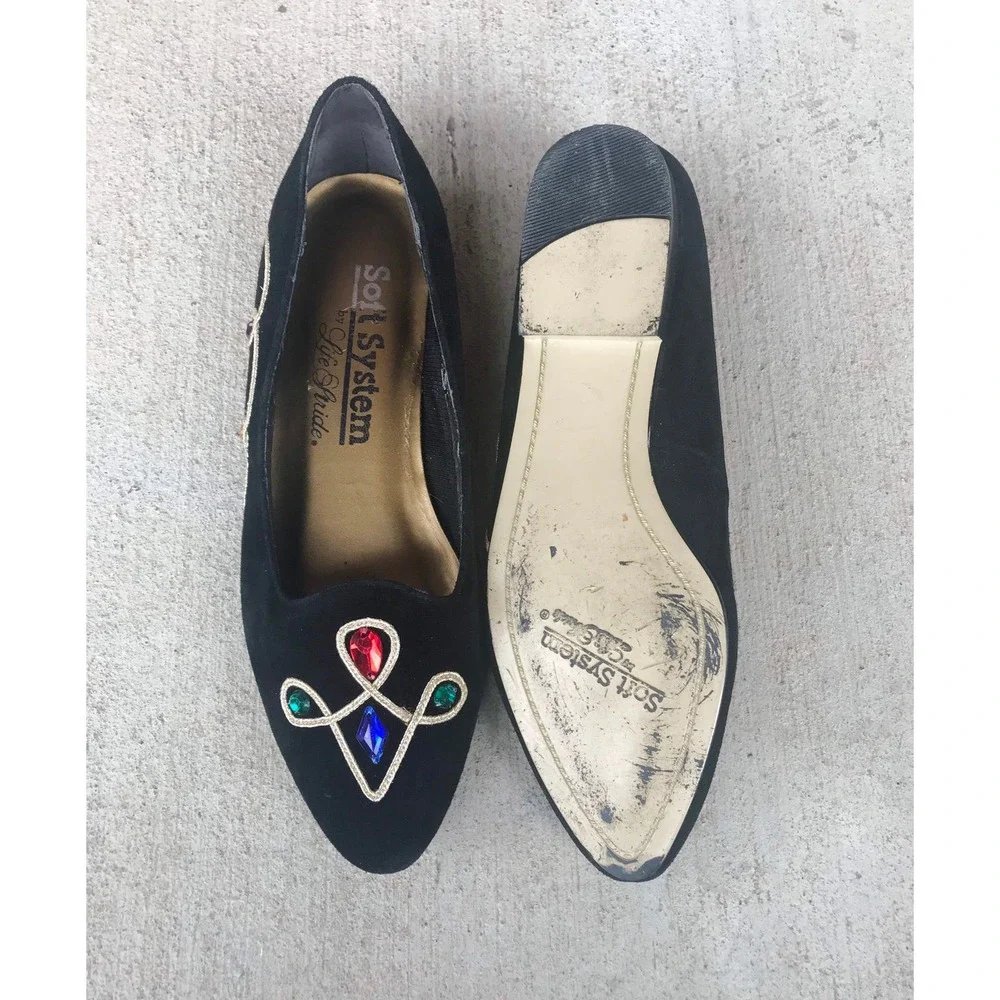 vintage 80s COLORFUL JEWELS black suede pointy FLATS unique avant garde rainbow - Picture 10 of 10